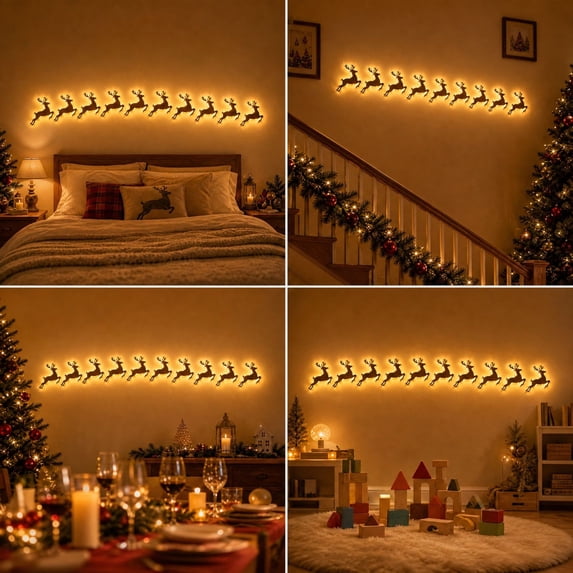 Christmas Hot! Wooden Reindeer Wall Lamps 12 Pack, 7 Inch Warm LED Backlit Wall Hanging Night Light, Natural Wood Christmas Wall Art Ornament for Bedroom Hallway Holiday Home Decor