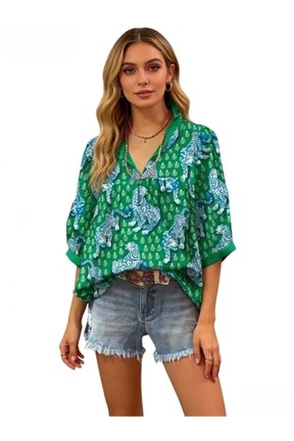 Tiger Print, Ruffled Collar, Half Sleeves Blouse (Women's)