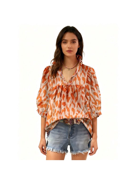 Christmas Hottest! Casual Shirt With Orange Ikat Leopard Print, Ruffled Collar & Puff Sleeves