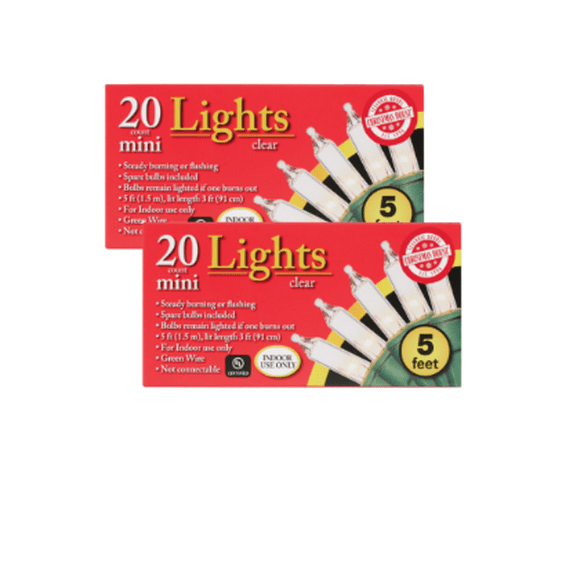 Christmas House 20-Count Clear Mini Indoor String Lights, Green Wire, 5 ft, 2-Pack Bundle