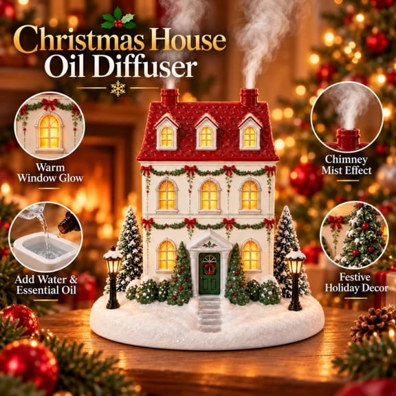 Christmas House Aroma Diffuser,Light-Up Holiday Humidifier with Chimney Mist,Festive Tabletop Decor for Home and Holiday Gatherings