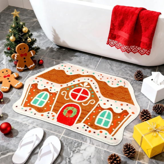 Christmas House Bath Rug, Soft Absorbent Non‑Slip Washable Bath Mat, Winter Holiday Indoor Home Bathroom Decor 1PC