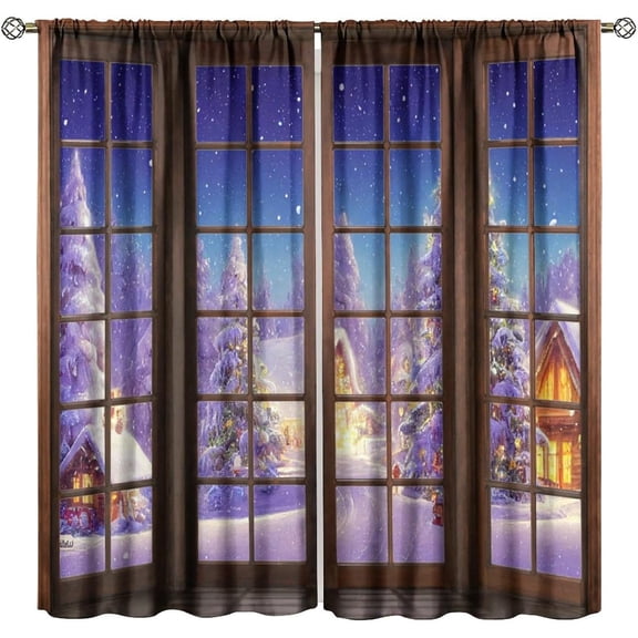 Christmas House Blackout Curtains, Snowy Mountain Tree Pattern Window Drapes with Grommets, Holiday Bedroom Living Room Kitchen Decor Panels 42"W x 108"L (Pack of 2)