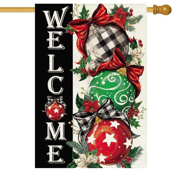 Christmas House Flag 28 x 40 Inch Double Sided Burlap Winter Red Xmas Ball Ornament Large Yard Flag Holiday Seasonal Yard Outdoor Outside Decoration