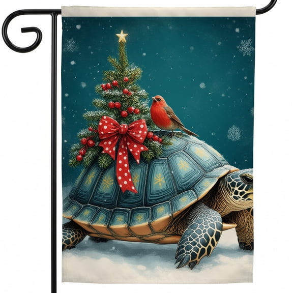 Christmas House Flag,A turtle with a bird sitting on top of it next to a Christmas tree,28 x 40 Flag for Outside,Christmas Flag for Flag Pole,Xmas Decor Outdoor