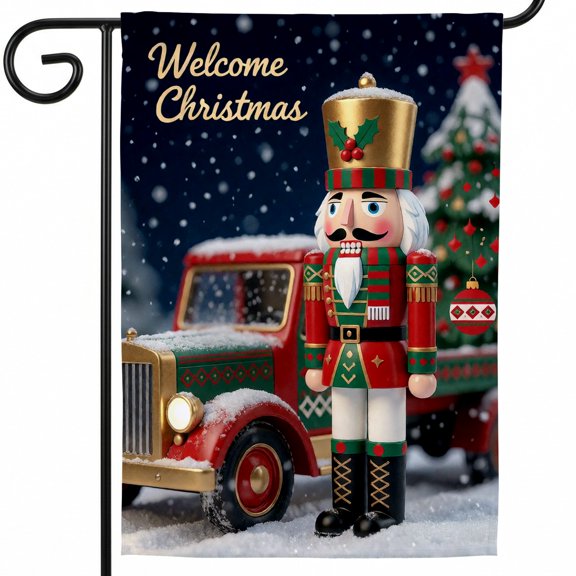 Christmas House Flag Double Sided,A nutcracker standing in front of a Christmas car,Christmas Flag 28 x 40 Double Sided,Happy Holidays Flag,Christmas Decorations