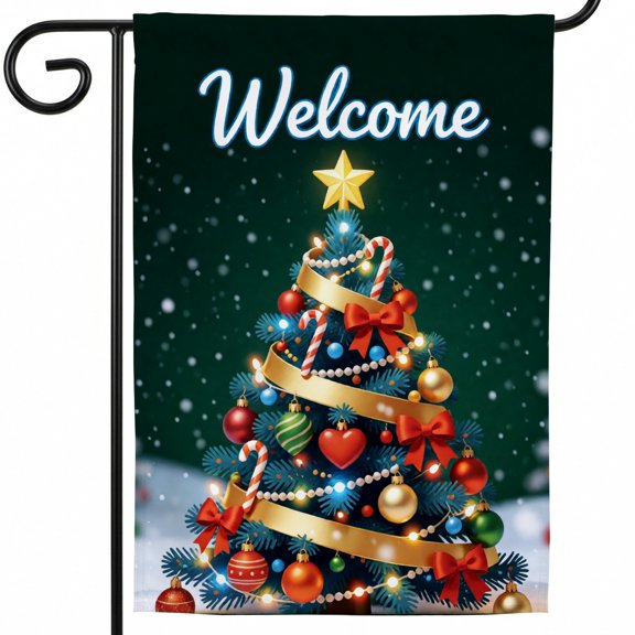 Christmas House Flag for Outside,A welcome christmas card with a decorated Christmas tree,Outdoor Flag 28x40 Double Sided,Flag for Outside House,Christmas Outdoor Decoration