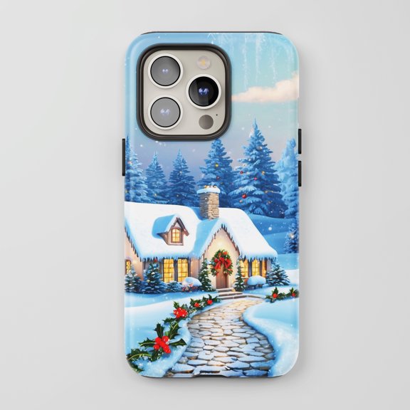 Christmas House For All iPhone Series Protective Phone Case Winter Holiday Snowy Blue