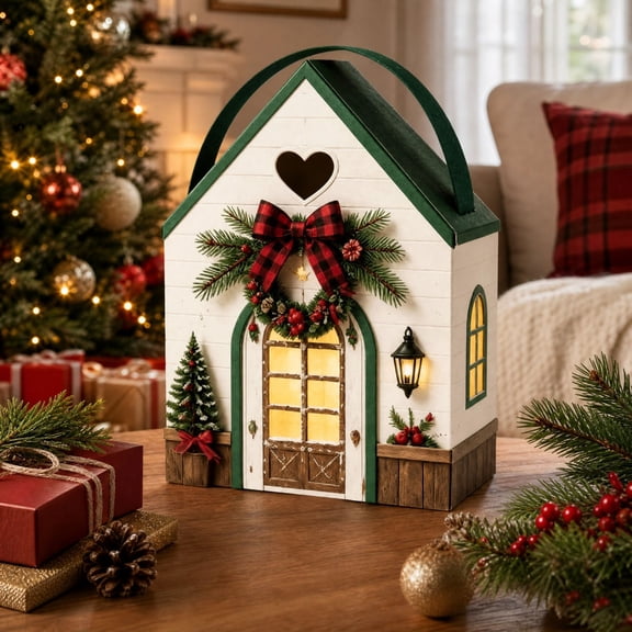 Christmas House Gift Box, Handled Holiday Treat Container, Cottage Shaped Presentation Design for Gift Tables and Party Favor Displays, Balanced Paper Construction for Gift Tables