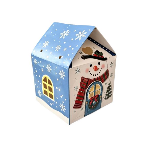 Christmas House Gift Box with Handle, Cardboard Holiday Treat Box for Candy, Cookies, Small Gifts, Party Favors & Seasonal Gift Giving, Snowman