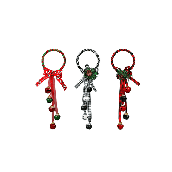 Christmas House Holiday Door Knob Decor Jingle Bells Black, Red, Geen Set Of 3