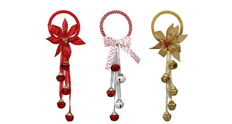 Christmas House Holiday Door Knob Decor Jingle Bells Gold, Red, White Set of 3