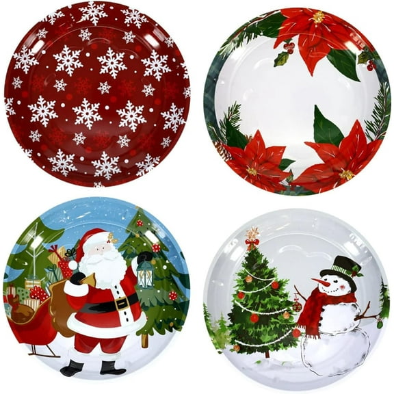 Christmas House Holiday Prints Round Tin Serving Trays, Cookie Plates, Christmas Platters - Set of 4 - 10 inch Round