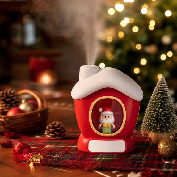 Christmas House Humidifier with Santa Figure, Desktop Portable Mist Maker with Decorative Night Light for Bedroom Office Nightstand Tabletop and Seasonal Christmas Display, Red1
