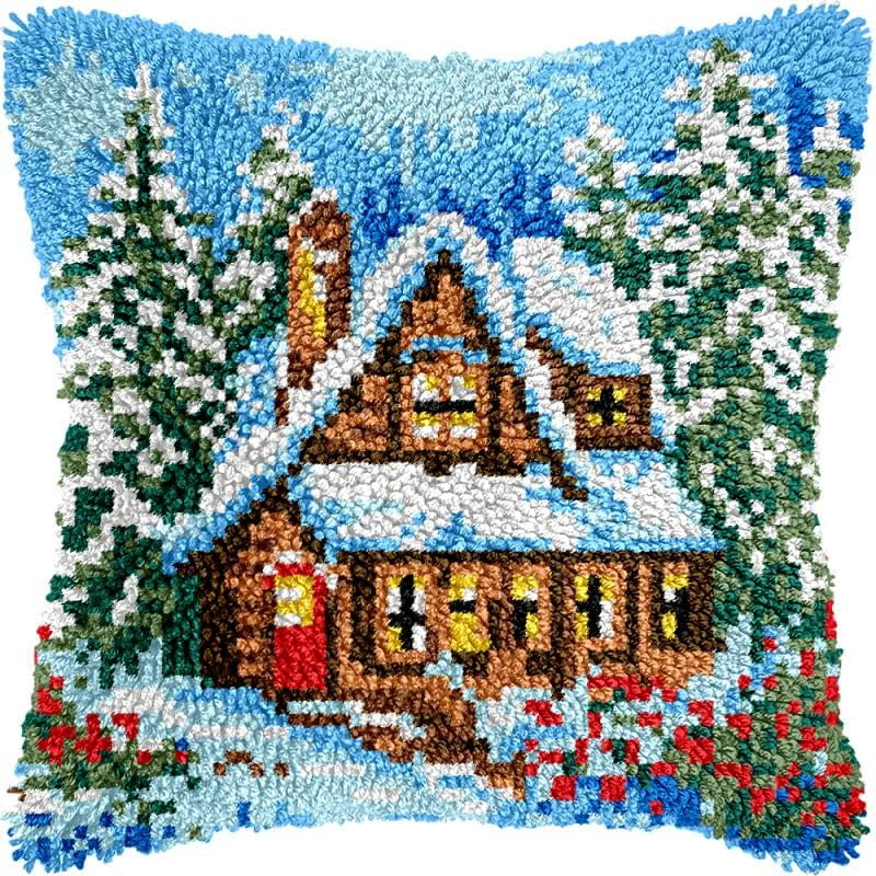 Christmas House Latch Hook Pillow Kits Cushion Pillowcase with Pattern Printed Canvas Sofa Hooking Pillows Crafts Embroidery Latch Hooking Crochet Kits 17x17 inch(85)