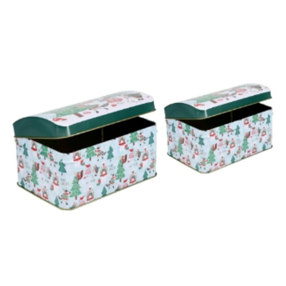 Christmas House Metal Tins, 2-Pack Festive Green Lid Storage Boxes for Cookies, Candies & Holiday Gifts