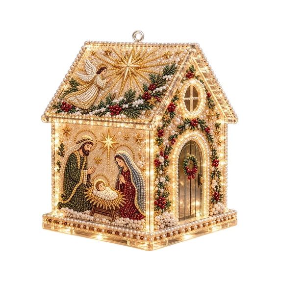 Christmas House Pearl Art Kit with LED Lights, Diy Bead Craft for Adults and Festive Tabletop Ornament Decor