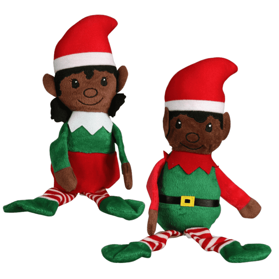 Christmas House Plush Elves Bundle, 14.5x4 in. Deep Skin Toned Boy Girl Soft Huggable Doll DIY Kids Toy Home Room Holiday Ornaments Gift Halloween Decoration - Pack of 2