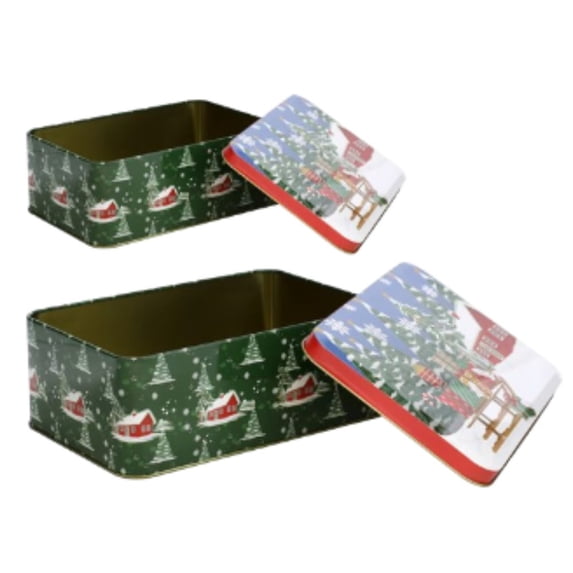 Christmas House Printed Rectangular Cookie Tins Set (2-Count) – Festive Holiday Storage for Cookies, Candies & Gifts | Decorative Christmas Tin Boxes with Lids