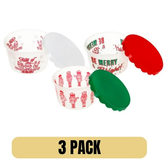 Christmas House Round Plastic Container With Lid, 3 Pack Festive Holiday Storage Containers for Cookies, Candies, and Gifts Reusable, Durable, and Decorative Food Containers (styles may vary)