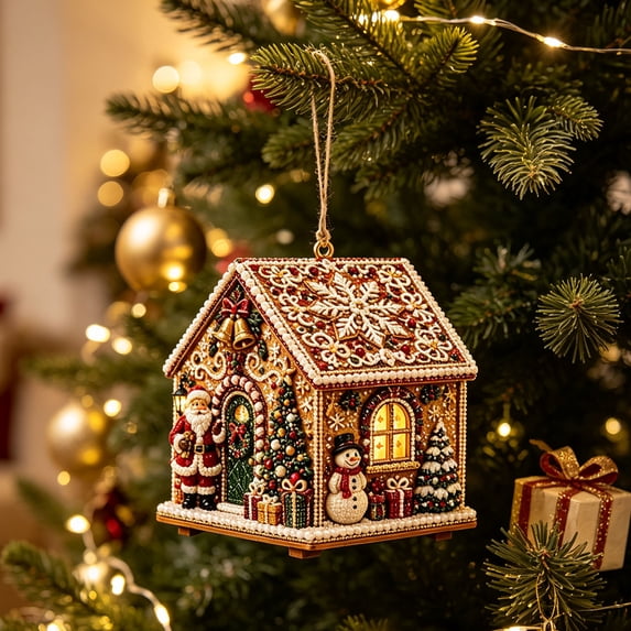 Christmas House Shaped DIY Diamond Art Hanging Ornament, VVQ Handmade Xmas Candy House Kit with Wooden Base Rhinestones for Decor