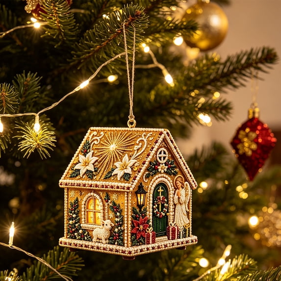 Christmas House Shaped DIY Diamond Art Hanging Ornament, VVQ Handmade Xmas Candy House Kit with Wooden Base Rhinestones for Decor