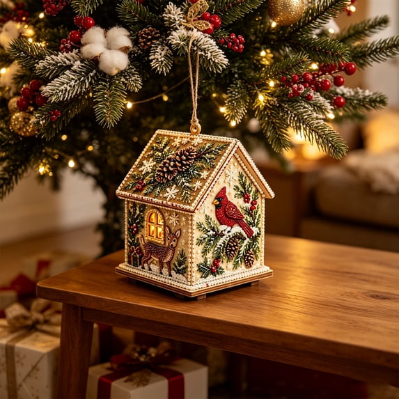 Christmas House Shaped DIY Diamond Art Hanging Ornament, VVQ Handmade Xmas Candy House Kit with Wooden Base Rhinestones for Decor