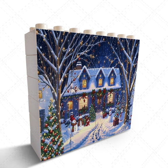 Christmas House and Snowman Themed Novelty Building Brick Funny Block Puzzle Horizontal Shaped Picture Unique Home Decor for Desk Shelf Decor Christmas Birthday Housewarming Gift