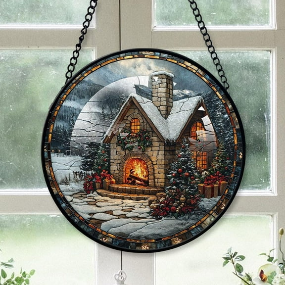Christmas House Stained Glass Suncatcher, Christmas House, Christmas House Decor, Christmas Stained Glass Suncatcher Decorations for Wall, Christmas Wife Gifts dyY0oF