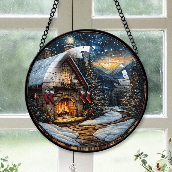 Christmas House Stained Glass Suncatcher, Christmas House, Christmas House Stained Glass Decor, Hanging Ornament for Christmas, Christmas Womens Gifts for Birthday GNIEsL