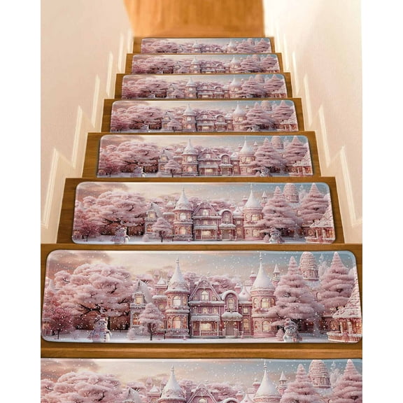 Christmas House, Stair Treads for Wooden Steps Indoor Runner Rug Carpet, Blush Pink Romantic Snowflake 7 Pieces Peel and Stick Staircase Step Treads Covers Washable Throw Door Mats, 30"x8"