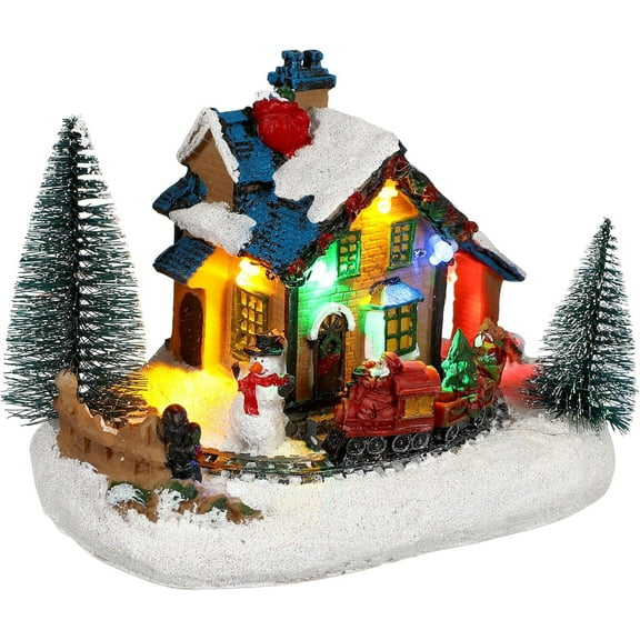 Christmas House Village | Santa Claus Train Scene | LED Lighting Battery | Operated LED Light Up Christmas Decoration | Music Rendering without Battery