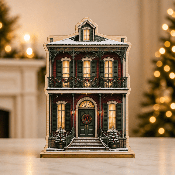 Christmas House Wooden Block New Orleans Balcony Wood Tabletop Display Holiday Gift