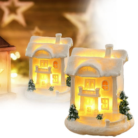 Christmas Houses Resin Ornaments Desktop Decoration with LED Lights, 2025 Mini Snow Houses Cottage Town Winter Village Ornament for Xmas Scene Tabletop Decor, 1PC
