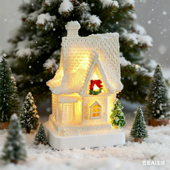 Christmas Houses Resin Ornaments Desktop Decoration, Lighted Christmas Mini Snow Houses 2025, Cottage Town Tiny Figurine with LED Light Winter Village Ornament for Xmas Scene (Dark blue)