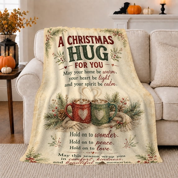 Christmas Hug Rustic Holiday Blessing, Festive Holiday Scene, Warm Flannel Blanket for Living Room and Reading Nook, Art Lovers Christmas Gift, Festive Home Decor