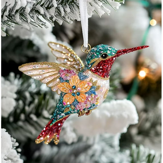 Christmas Hummingbird Ornament Stained Glass Window Hanging Hummingbird Car Hanging Ornaments Acrylic Garden Suncatcher for Bird Lover Friends Family