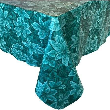 Christmas Hunter Green Poinsettia Scroll 60 x 120 inch Rectangle Vinyl Tablecloth with Flannel Backing