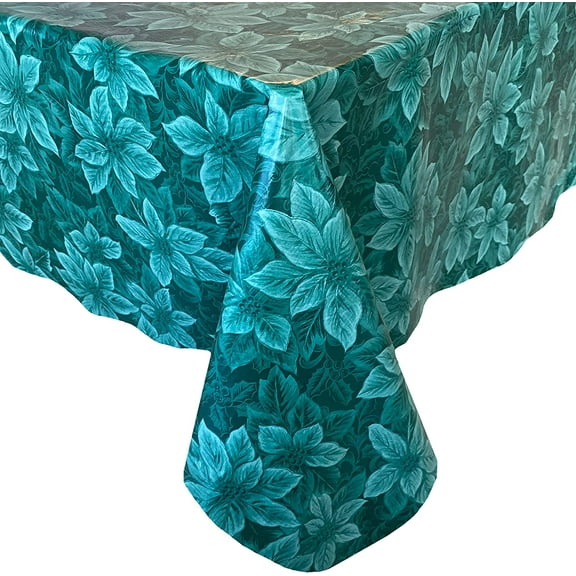 Christmas Hunter Green Poinsettia Scroll 60 x 120 inch Rectangle Vinyl Tablecloth with Flannel Backing