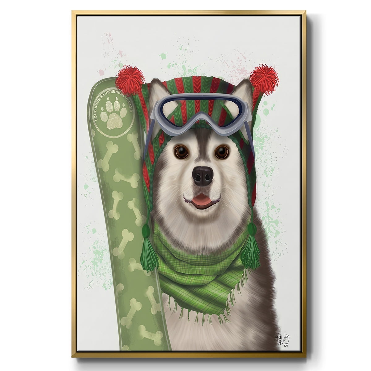 Christmas Husky Snowboard - Framed Gallery Wrapped Holiday Canvas - 25 x 37 - Gold Frame