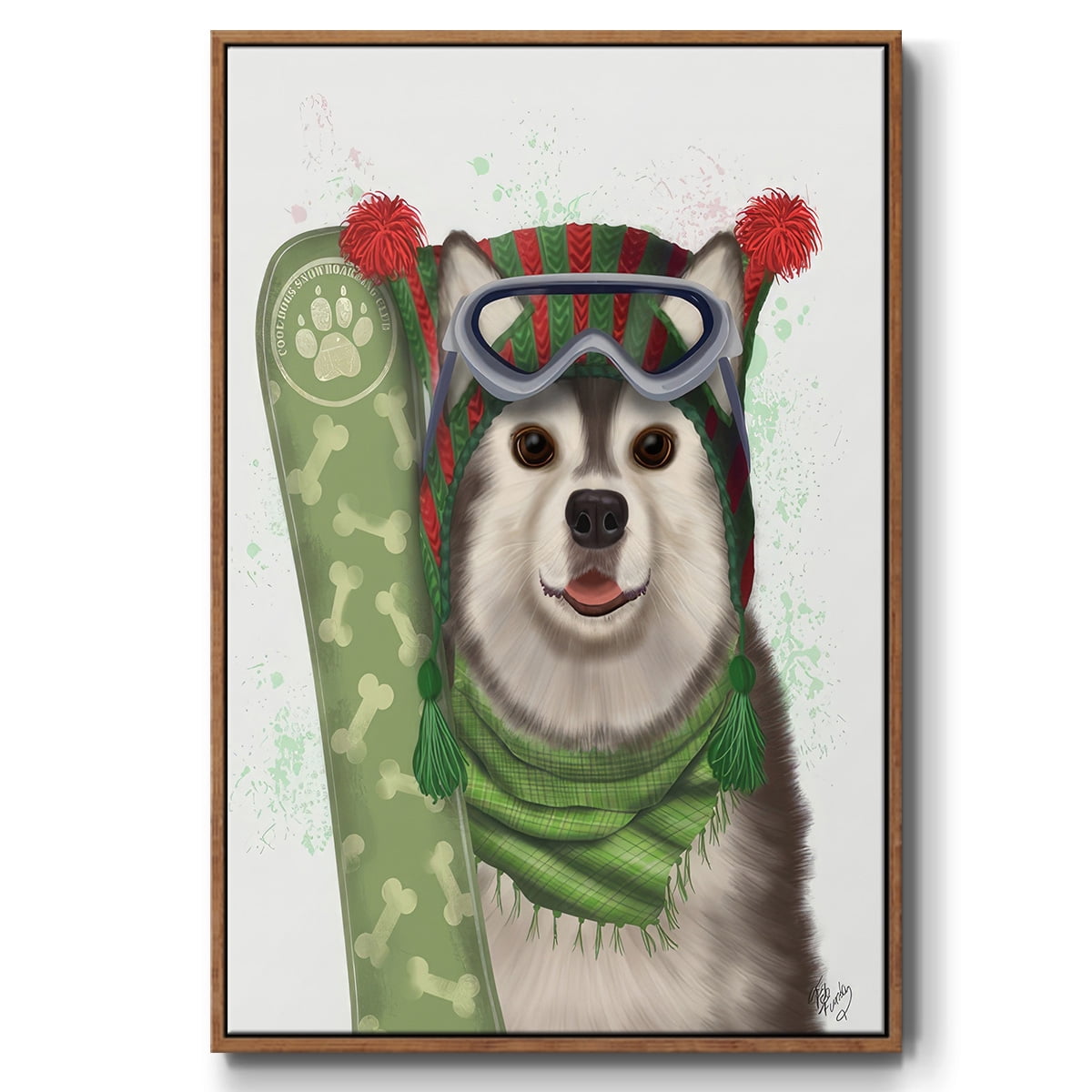 Christmas Husky Snowboard - Framed Gallery Wrapped Holiday Canvas - 27 x 41 - Rosewood Frame