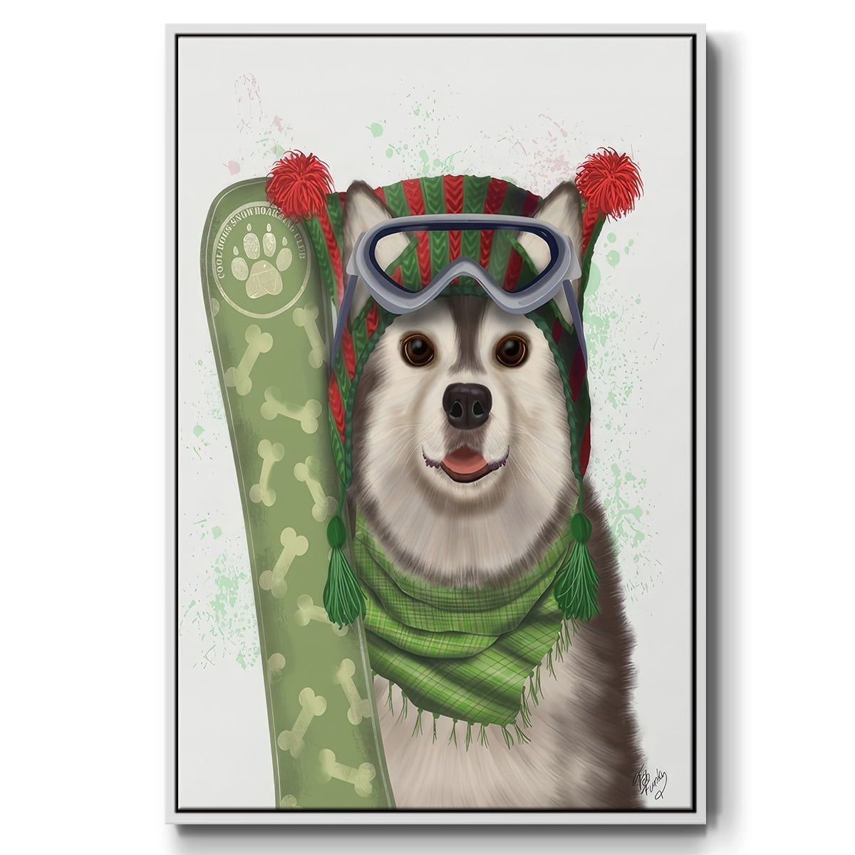 Christmas Husky Snowboard - Framed Gallery Wrapped Holiday Canvas - 27 x 41 - White Frame