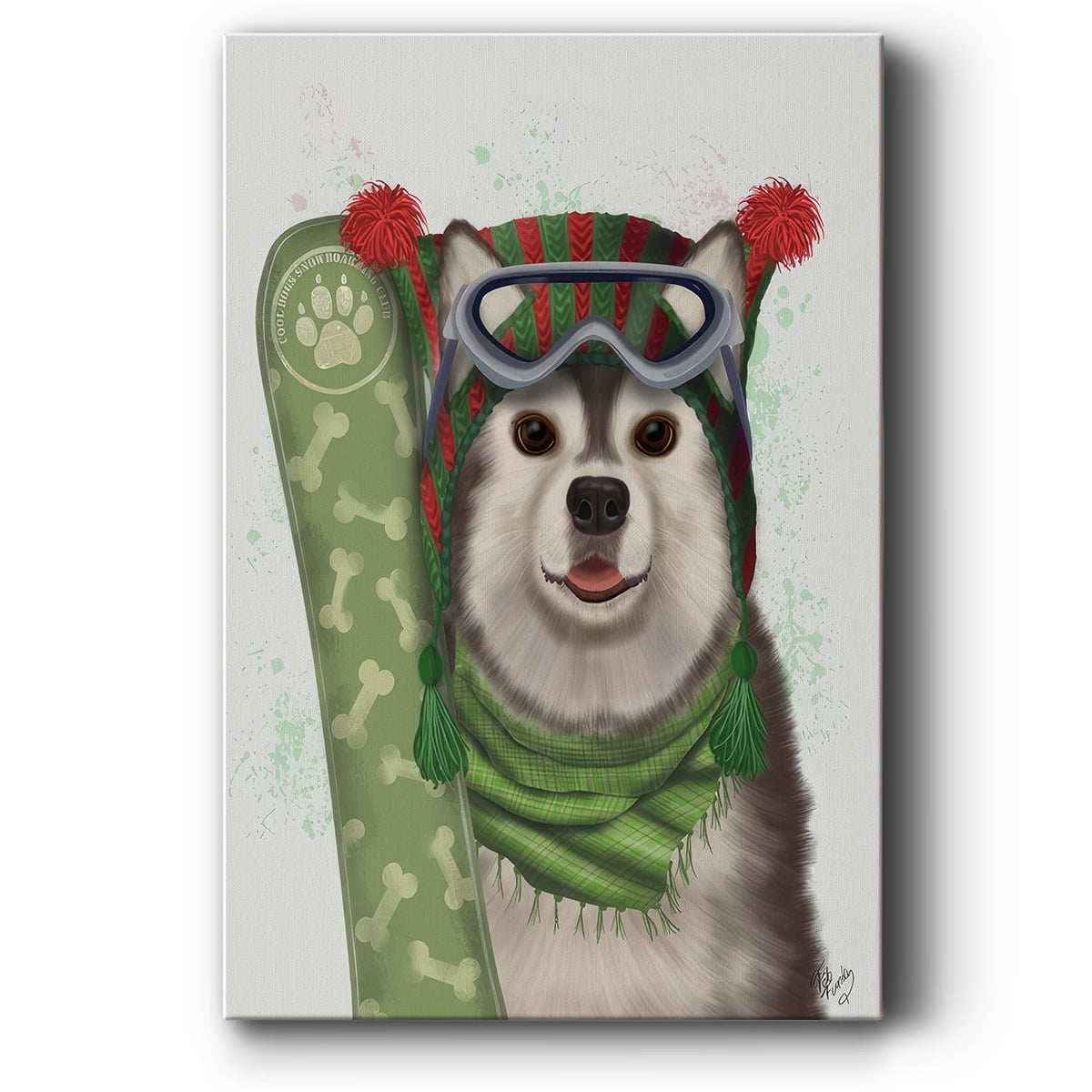 Christmas Husky Snowboard- Gallery Wrapped Canvas
