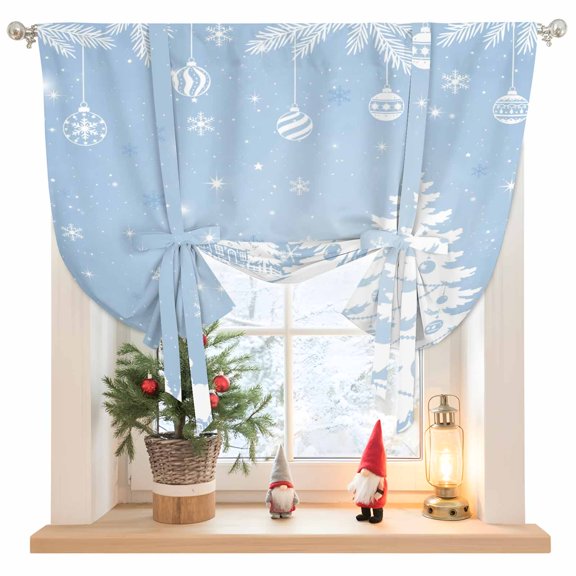 Christmas Ice Blue Tie Up Curtains 45 Inches Long, Kitchen Window Curtains Over Sink, Xmas Snowflake Forest Pine Trees Branch Small Window Curtains Shade Balloon Curtains for Bedroom/Cafe 34"x45"