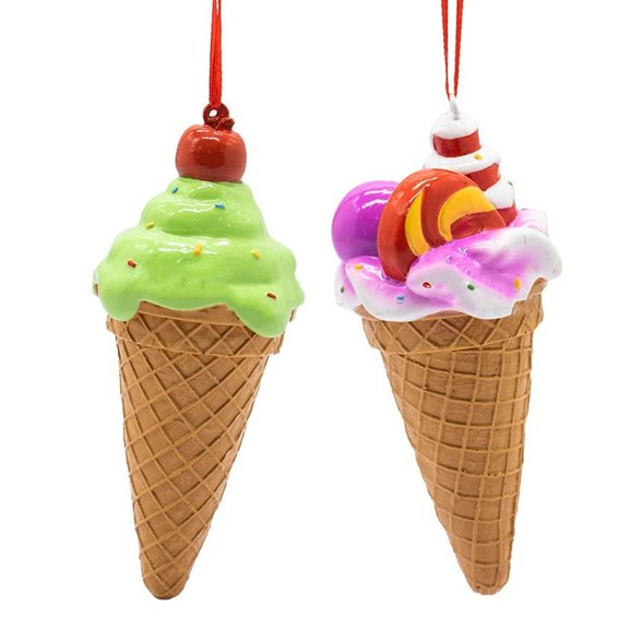 Christmas Ice Cream Cone Hanging Ornaments, Resin Dessert Ice Cream Sculpture Figurine Pendant for Home Party Xmas Tree Decor (2PCS)