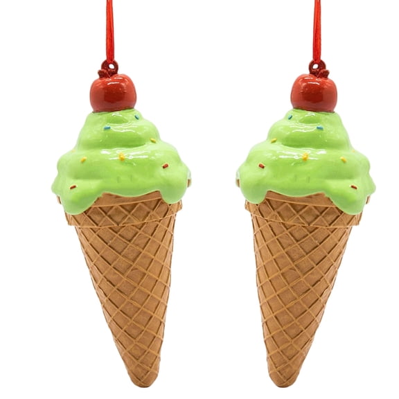 Christmas Ice Cream Cone Hanging Ornaments, Resin Dessert Ice Cream Sculpture Figurine Pendant for Home Party Xmas Tree Decor (2PCS)