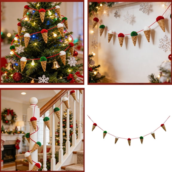 Christmas Ice Cream Ornament Garland, Bunting Flags for Holiday Party Decor, Hanging String Decorations for Fireplace Mantel, Staircase Railing, Porch, Tree, Winter Celebration Supplies, Multicolor