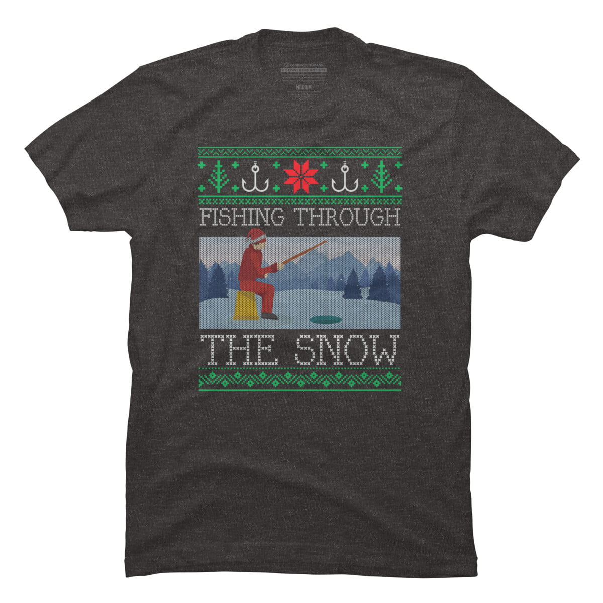 Christmas Ice Fishing Through Snow Fishing Ugly Christmas Sweate Mens Charcoal Gray Graphic Tee - Design by Humans 3XL, Men's
