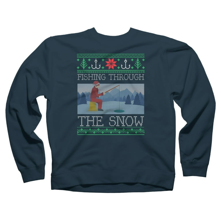 Christmas Ice Fishing Through Snow Fishing Ugly Christmas Sweate Navy Blue  Graphic Crew Neck Sweatshirt - Design By Humans XL 