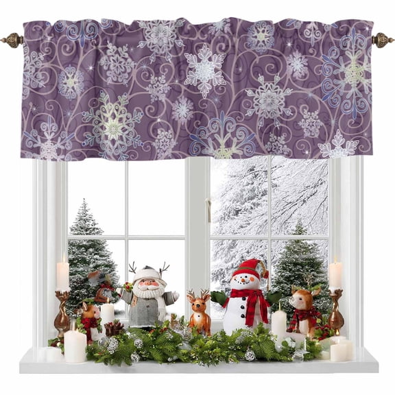 Christmas Ice Flower Valances for Windows, 42 x 18in, Winter Lace Purple Snowflake Rod Pocket Kitchen Valance Curtain Light Filtering Window Treatments for Living Room Bedroom, 1 Panel